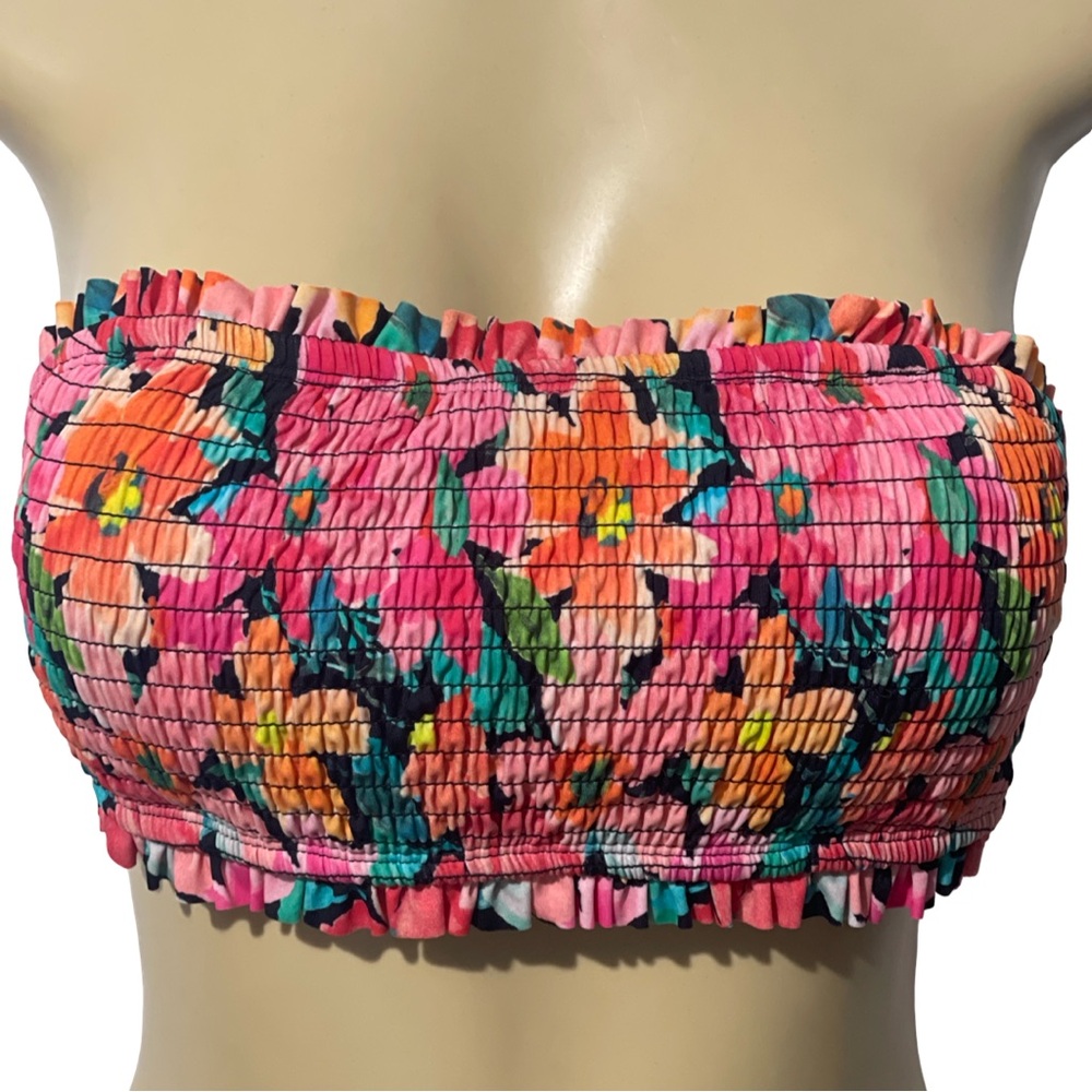 Floral Pink Smocked Bandeau Mid Rise Two Piece Bikini Set Adjustable Halter Top - Picture 10 of 15